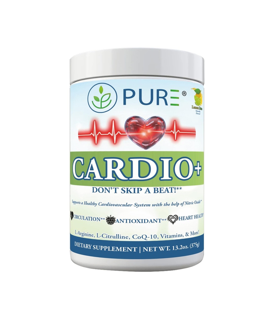 PURE® Cardio+ Nitric Oxide Heart & Circulation Support - 5000mg L-Arginine & 1000mg L-Citrulline - Lemon Lime, 30 Servings Powder, 375 Grams - CoQ10 Beet Root - High Potency Cardiovascular Formula