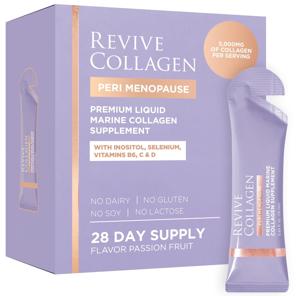 Revive Collagen Perimenopause — Hydrolyzed Marine Collagen Drink for Women, 5,000MG, Inositol, Selenium, Vitamin B6-B12, C & D, Supports Skin Wellness & Daily Energy, Passionfruit Flavour — 28 Packets