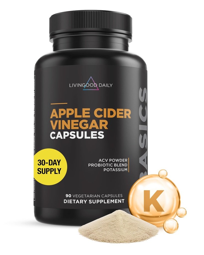 Livingood Daily Apple Cider Essig Kapseln mit der Mutter (1500mg) - ACV Pillen mit Probiotics & Kalium für Frauen & Männer - Unterstützt Gut Gesundheit, Verdauung, Appetit & Gewicht - Vegan, 90 Kapseln