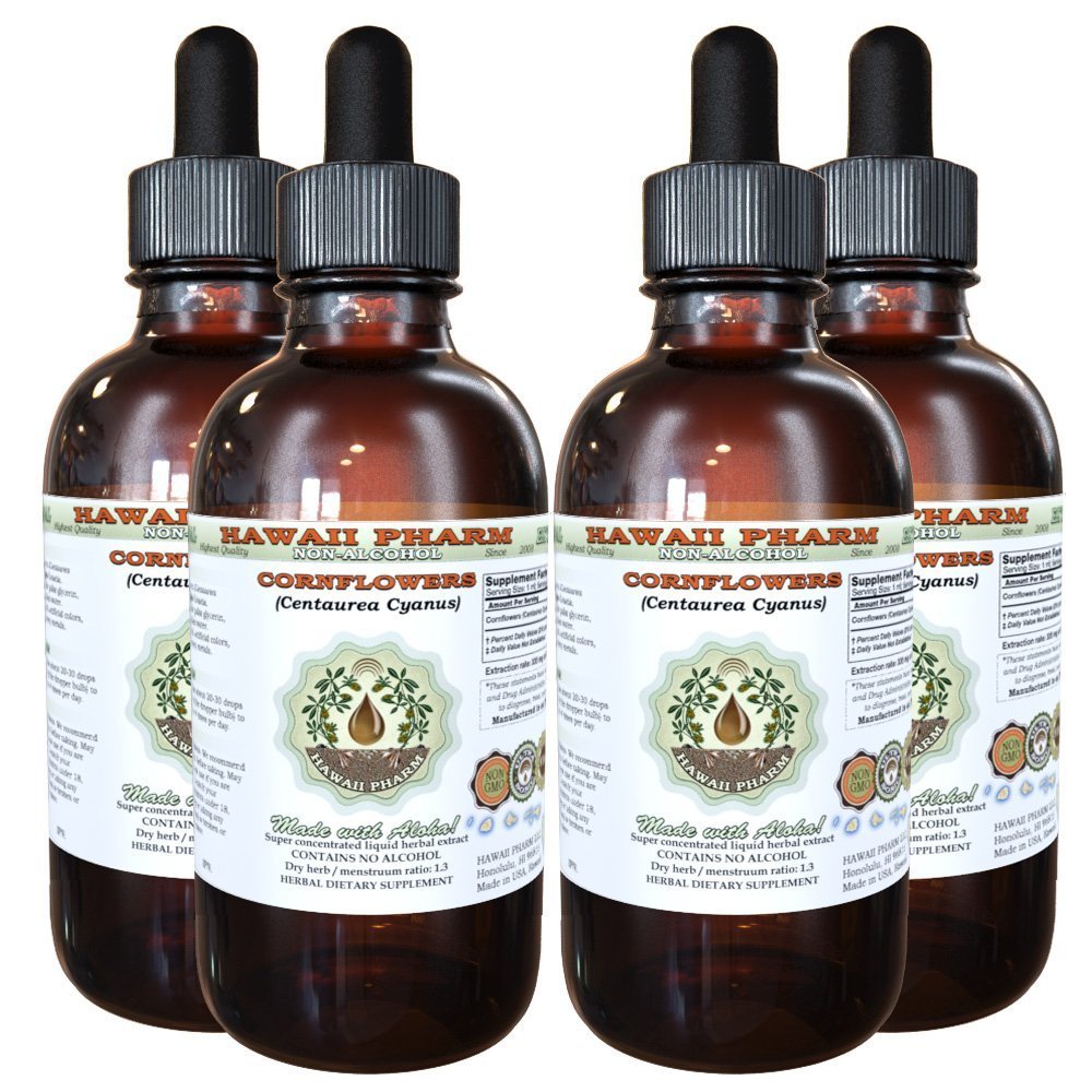Hawaii Pharm Cornflower Alcohol-Free Liquid Extract, Cornflower (Centaurea Cyanus) Dried Flower Glycerite Natural Herbal Supplement 4x4 oz