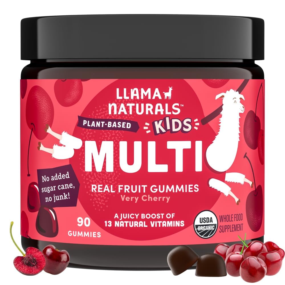 Llama Naturals Kids Multivitamin Gummis, Vegan, Bio mit Vitamin D, C & K, Kleinkind Real Fruit Gummy Vitamins, Kaubare Ergänzung, Ganzes Essen Multivitamin, Ohne Zusatz von Zuckerrohr, Kirsche, 90 Ct