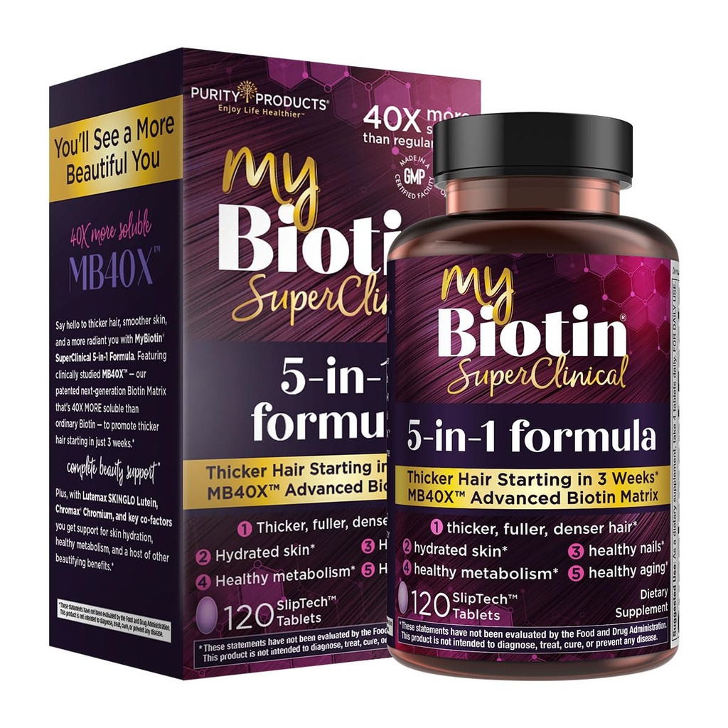 MyBiotin SuperClinical New 5-in-1 Elite Multivitamin + MB40X Biotin Matrix Daily Multi - Thicker Hair Starting in 3 Wochen - 40X Mehr Soluble vs Ordinary Hair Skin Nails - 120 Tabs