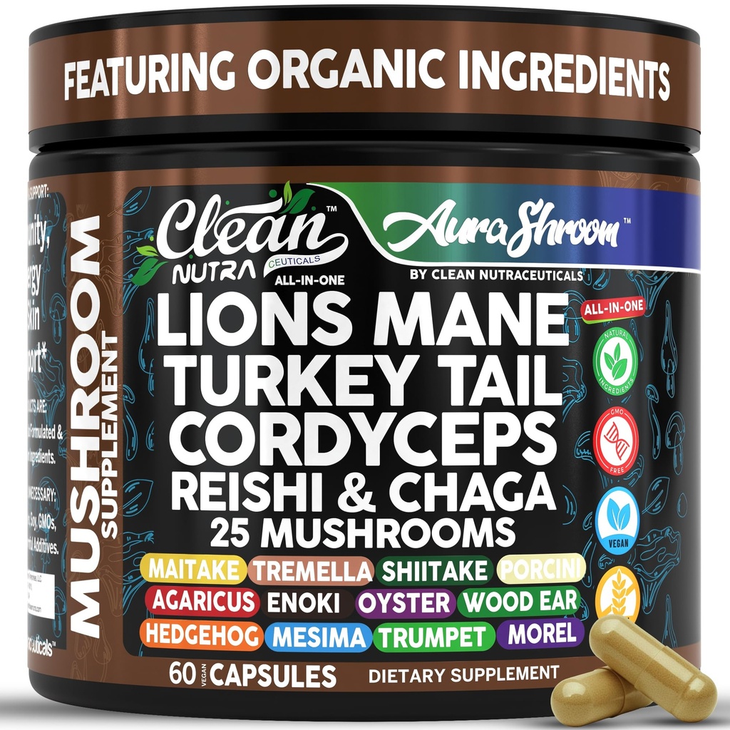 AuraShroom Mushroom Supplement Lions Mane Turkey Tail Cordyceps Reishi Shiitake Chaga Oyster Stress Relief Immune Support Nootropic Energy Portobello Mushrooms 60 Capsules By Clean Nutra