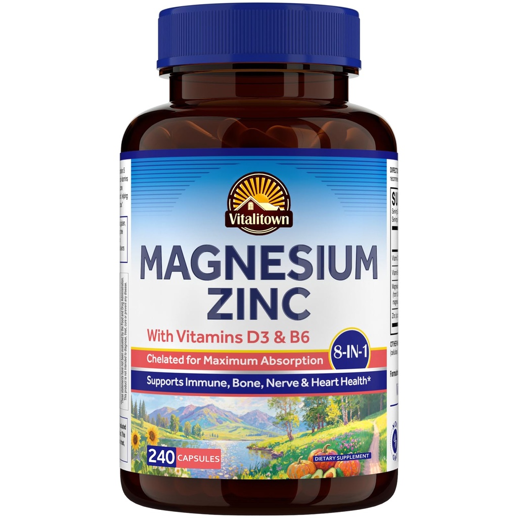 Vitalitown Magnesium Zinc, with Vitamins D3 & B6, Chelated Magnesium Glycinate, Malate, Citrate, Aspartate, Gluconate, High Absorption, Immune, Bone, Sleep, Nerve & Heart Health, 240 Caps