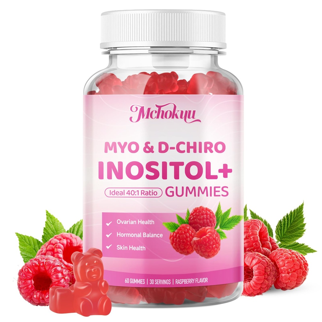 Myo-Inositol & D-Chiro Inositol Gummies, Ideal 40:1 Ratio Supplement for Women with Vitamin D3 & B12 for Support Hormonal Balance & Wellness, Sugar Free, Raspberry, 60 Count