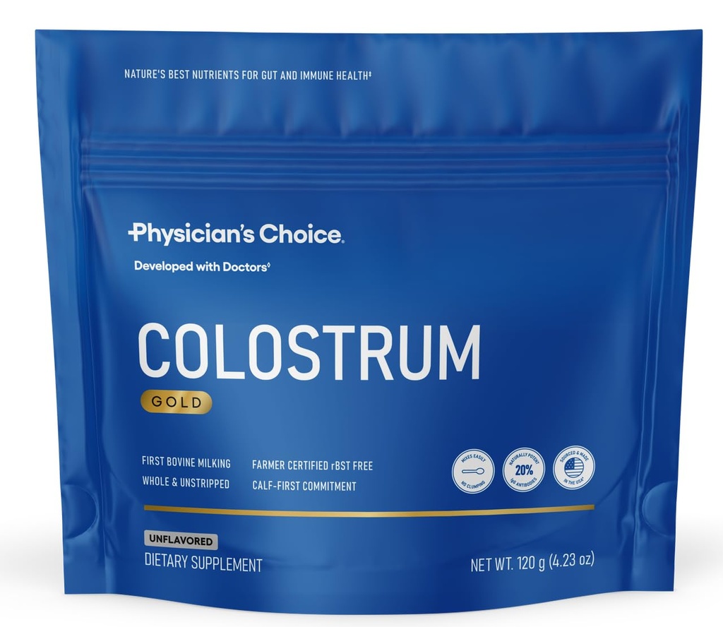 Physician's CHOICE Colostrum Gold Powder - First-Day Milking for Gut & Immune Support - Potent IgG Antibodies & Bioactive Nutrients - Whole & Unstripped - Easy to Mix - Made in the USA - 60 Servings