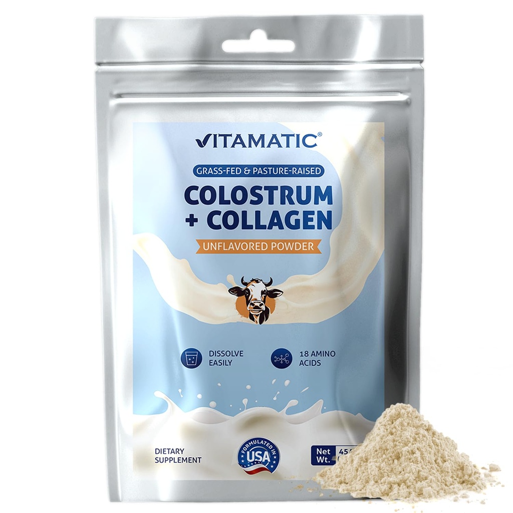 Vitamatic Bovine Colostrum + Collagen Powder - Supplement for Gut Health, Hair Growth, Beauty, Muscle Recovery, & Immune Support - Easy to Mix - Unflavored - 454 Gram, (16 oz)