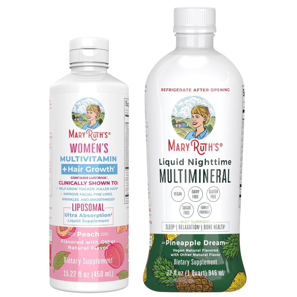 MaryRuth's Women's Multivitamin + Hair Growth Liposomal (Peach) & Liquid Nighttime Multimineral (Pineapple) | Clean Label Project Verified® | Vegan | Beauty, Bedtime Routine & Overall Health