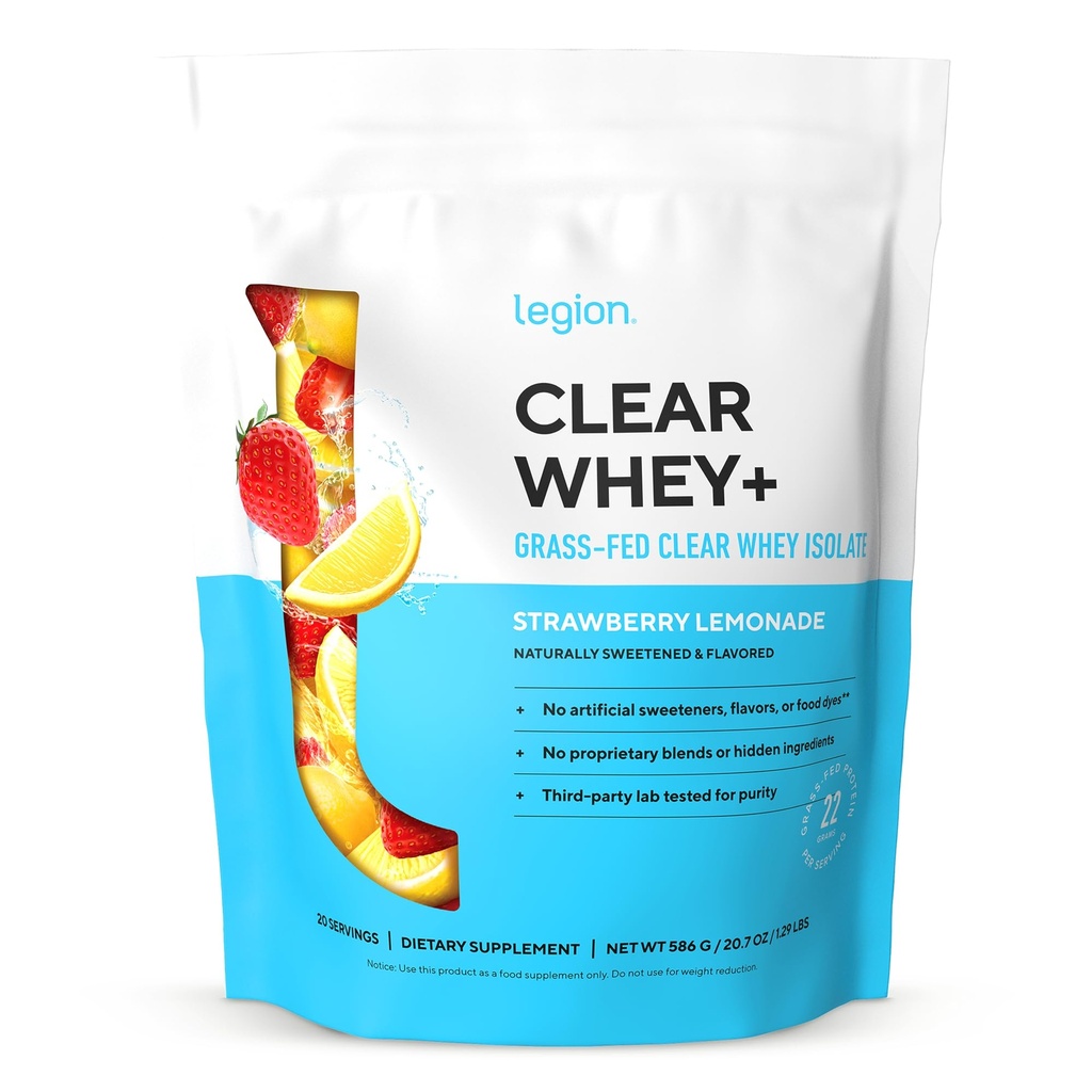 LEGION Clear Whey+ Protein Isolate Powder–Naturally Flavored Strawberry Lemonade, 22g Protein with BCAAs,Zero Sugar & Lactose Free,Fast Digesting Grass-Fed Whey, Refreshing Protein Shake (20 Servings)