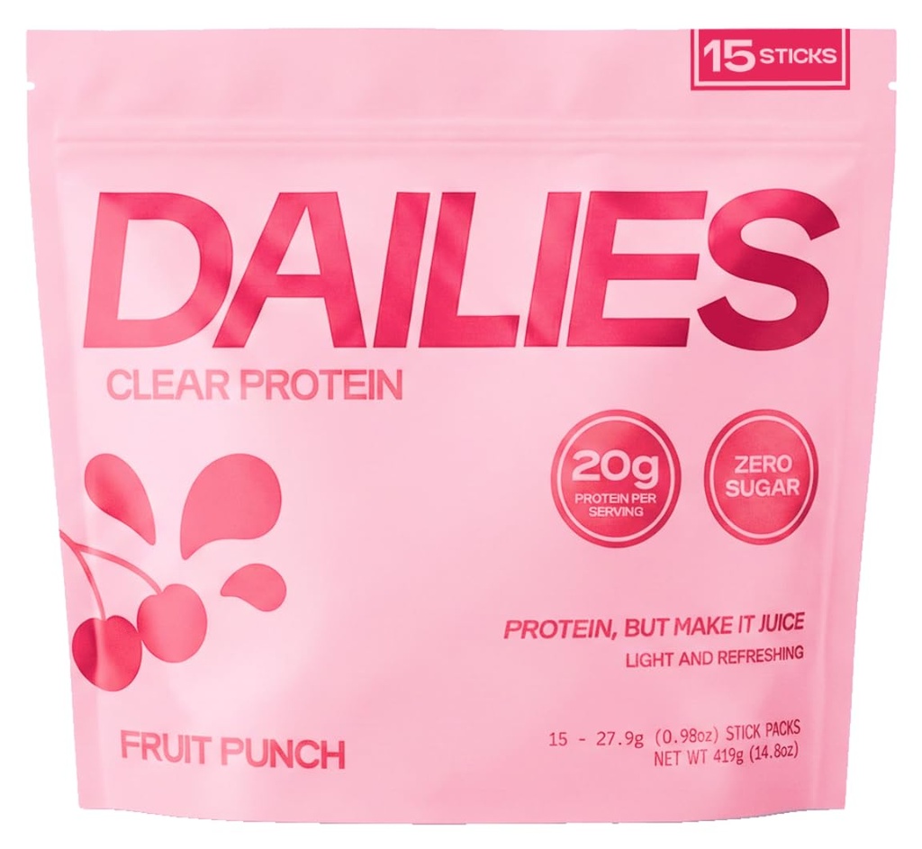 Dailies Clear Protein Powder, Sugar Free Flavor, 20g Whey Isolate & 100 Calories per Serving, Light & Refreshing Protein Shake Drink Mix for Pre or Post Workout, 15 On the Go Stick Packs (Fruit Punch)