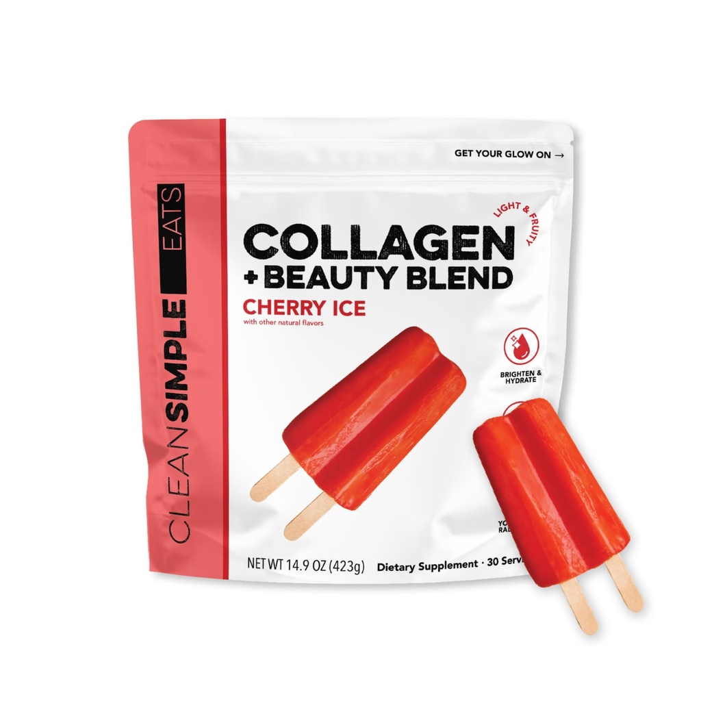 Clean Simple Eats Collagen Powder + Beauty Blend, Cherry Ice Flavor, Hydrolyzed Collagen Peptides from Grass Fed Bovine & Chicken, Hyaluronic Acid for Hair, Skin, Nail & Joint Support, 30 Servings