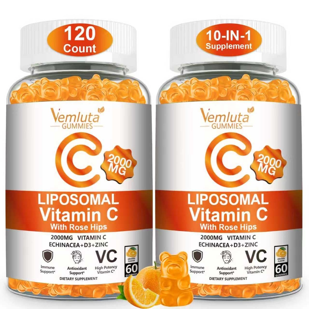 2 Pack Liposomal Vitamin C 2000mg Gummies Complex Rose Hips with D3 5000IU,Elderberry Echinacea,Iron & Zinc for Adults Kids Immune,Antioxidant & Collagen Support,Orange Flavor, 120Count