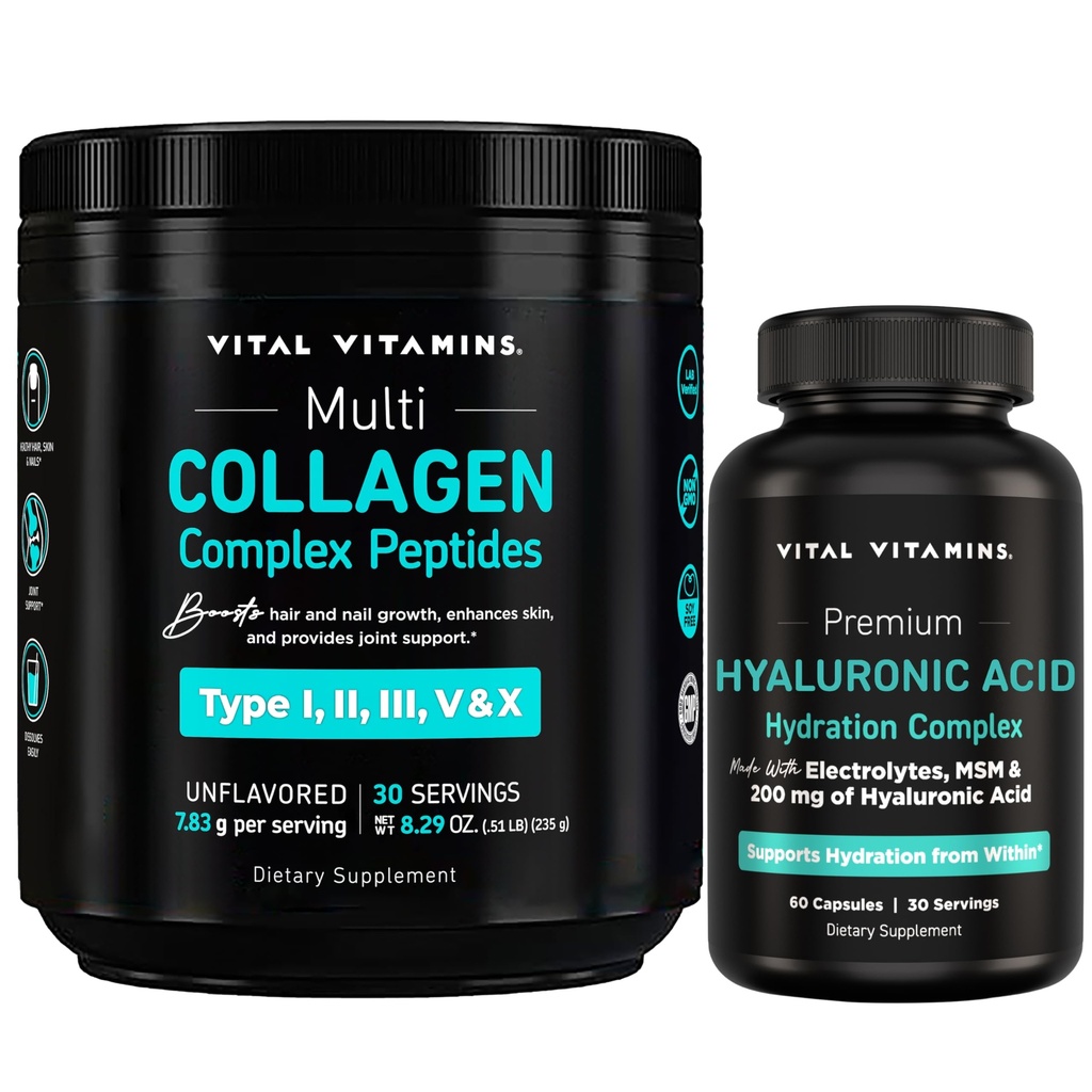 Vital Vitamins Multi-Collagen Powder 30 Servings + Hyaluronic Acid Hydration Complex 60 ct