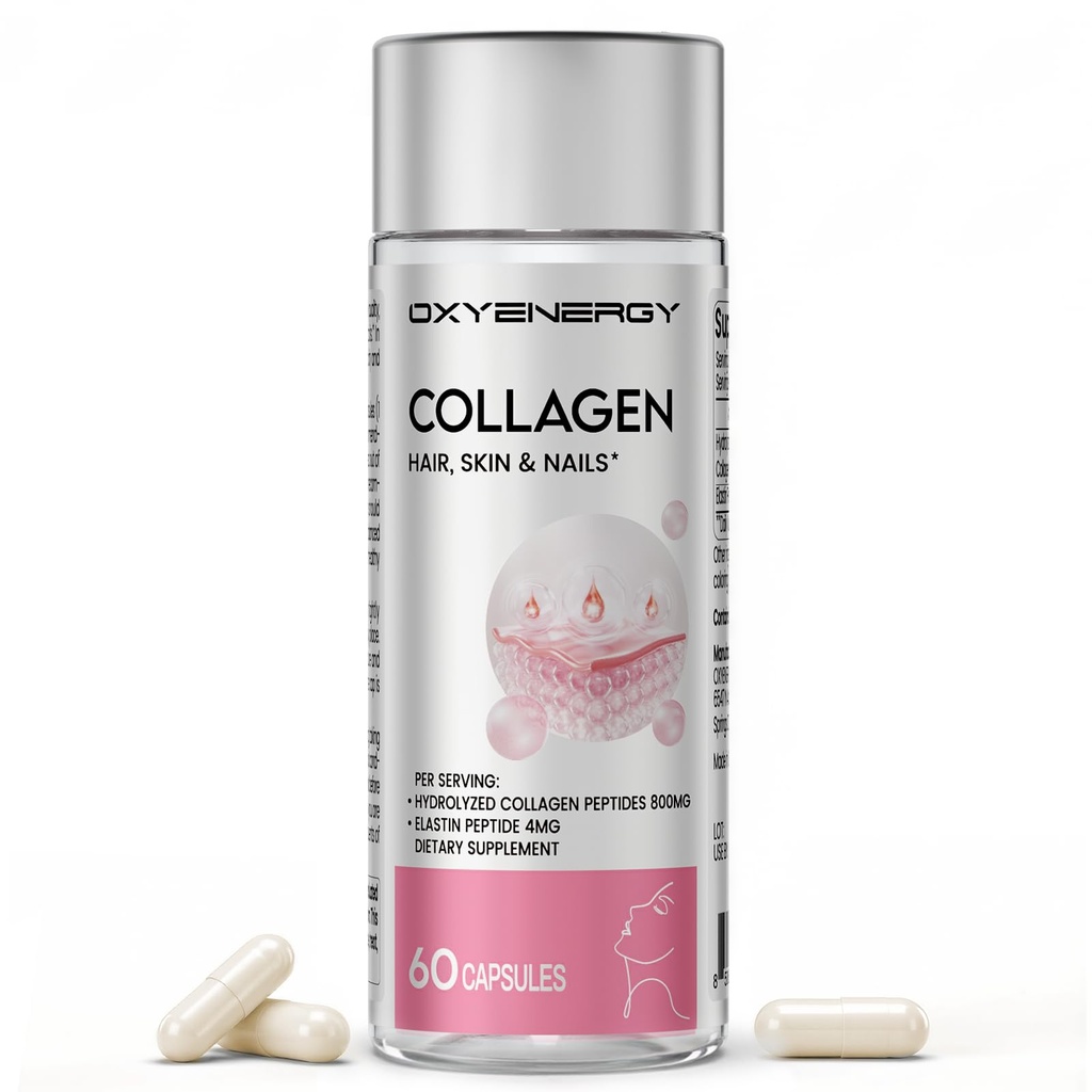 OxyEnergy Collagen Peptide Kapseln für Frauen, 800mg hydrolysierte Collagen (Typen I) Ergänzungen mit Elast Peptiden, 60 Collagen Pillen zu fördern Haare, Nagel, Haut, Colágeno en Capsulas