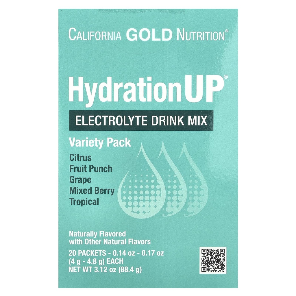 California Gold Nutrition HydrationUP®, Electrolyte Drink Mix with Calcium Lactate, Vitamins C & E, Variety Pack, 20 Packets, 0.14 oz - 0.17 oz (4 g - 4.8 g) Each