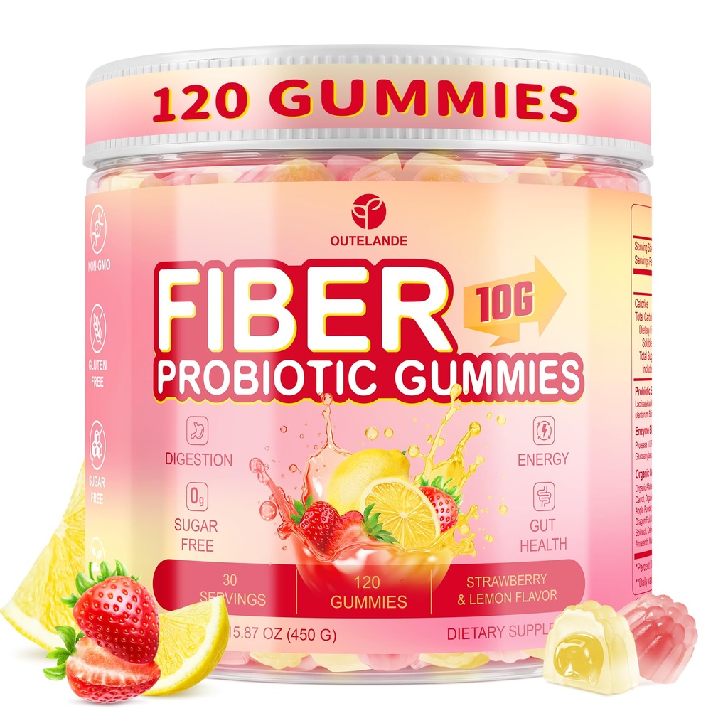 10g Fiber Gummies for Adults, Sugar Free Fiber Supplement for Digestive Health & Regularity, Probiotics, Organic Super Greens & Digestive Enzymes, Vegan, Gelatin Free, 120 Count