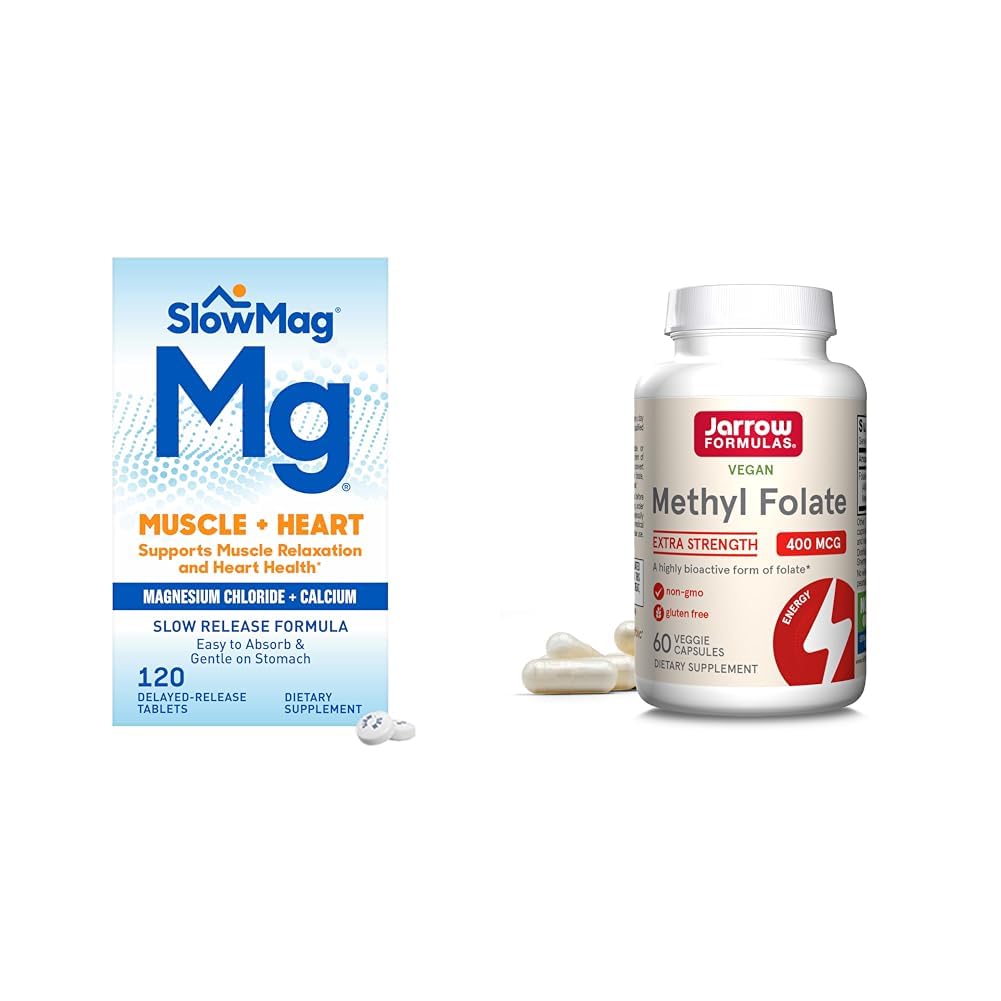 SlowMag Muscle + Heart Magnesium Chloride with Calcium & Jarrow Methyl Folate for Cardiovascular, Neurologic Health & Muscle Support