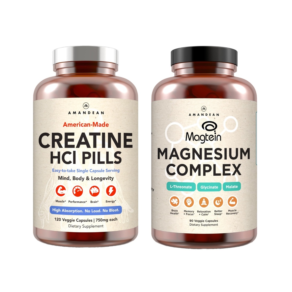 AMANDEAN Magnesium Complex & Premium Creatine HCl Bundle. Branded & Studied. USA-Made CON-CRET. High-Absorption Magnesium Threonate, Glycinate & Malate. Lean Muscle. Energy. Cognition, Memory & Sleep