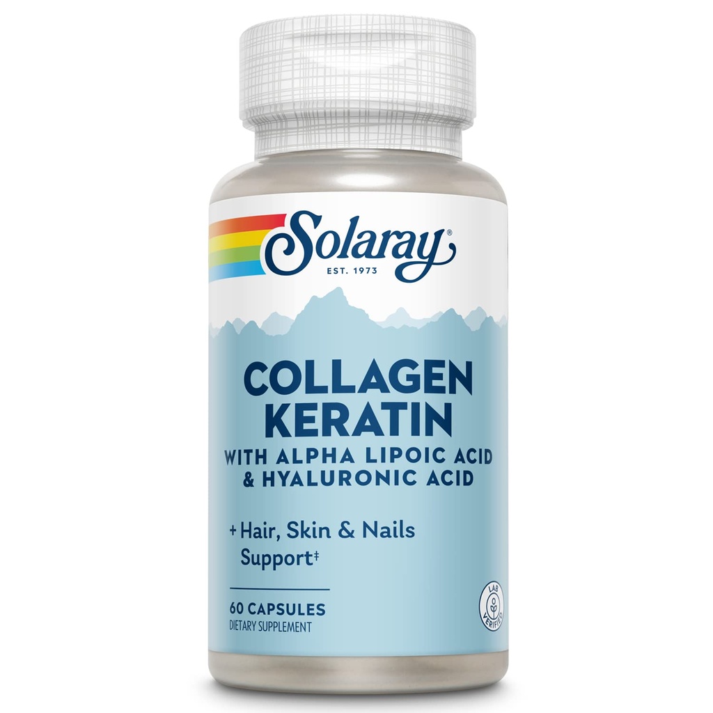 SOLARAY Collagen Keratin mit Alpha Liposäure und Hyaluronsäure - Typ I, II und III Collagen Pillen - Haar, Haut, Nägel und Gelenkgesundheitsunterstützung - 30 Servietten, 60 Kapseln