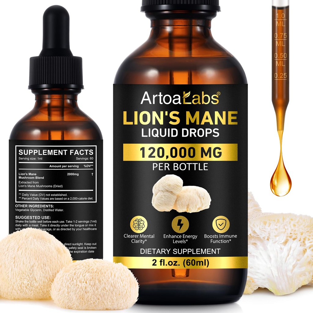 Lions Mane Liquid Drops, Lion's Mane Mushroom Supplement for Immune Support, Brain Booster, Memory, Focus & Clarity, Health Supplies Mushroom Drops, Sugar Free & Alcohol Free - 60ml / 2 fl oz