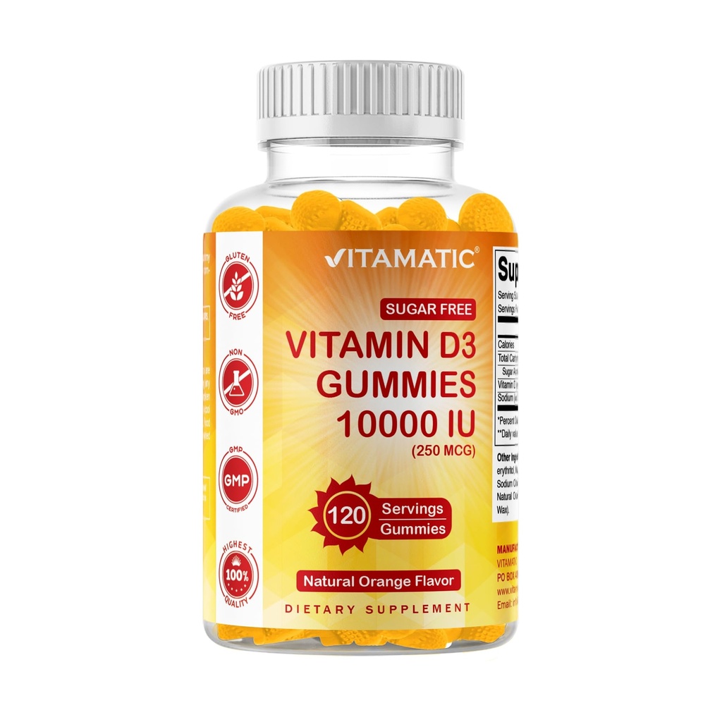 Vitamatic Sugar Free Vitamin D3 10000 IU - 120 Pectin Based Gummies - Great Taste - Healthy Bones, Mood & Immune System Function - Non-GMO - 120 Servings