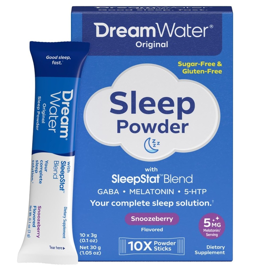 Dream Water Sleep Powder, Sugar-Free, Gluten-Free, Natural Flavors; Blend of 3 Ingredients, GABA, 5mg Melatonin, 5-HPT; Snoozeberry Flavor 10ct