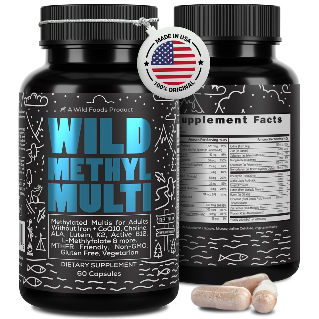 Wild Methylated Multivitamin for Women & Men | Daily Multi Vitamin | MTHFR Supplement Without Iron | Methylated B12, Folate, Vitamin C, A, K2, D, E, Choline, Biotin, ALA, CoQ10 & More (Pack of Two)