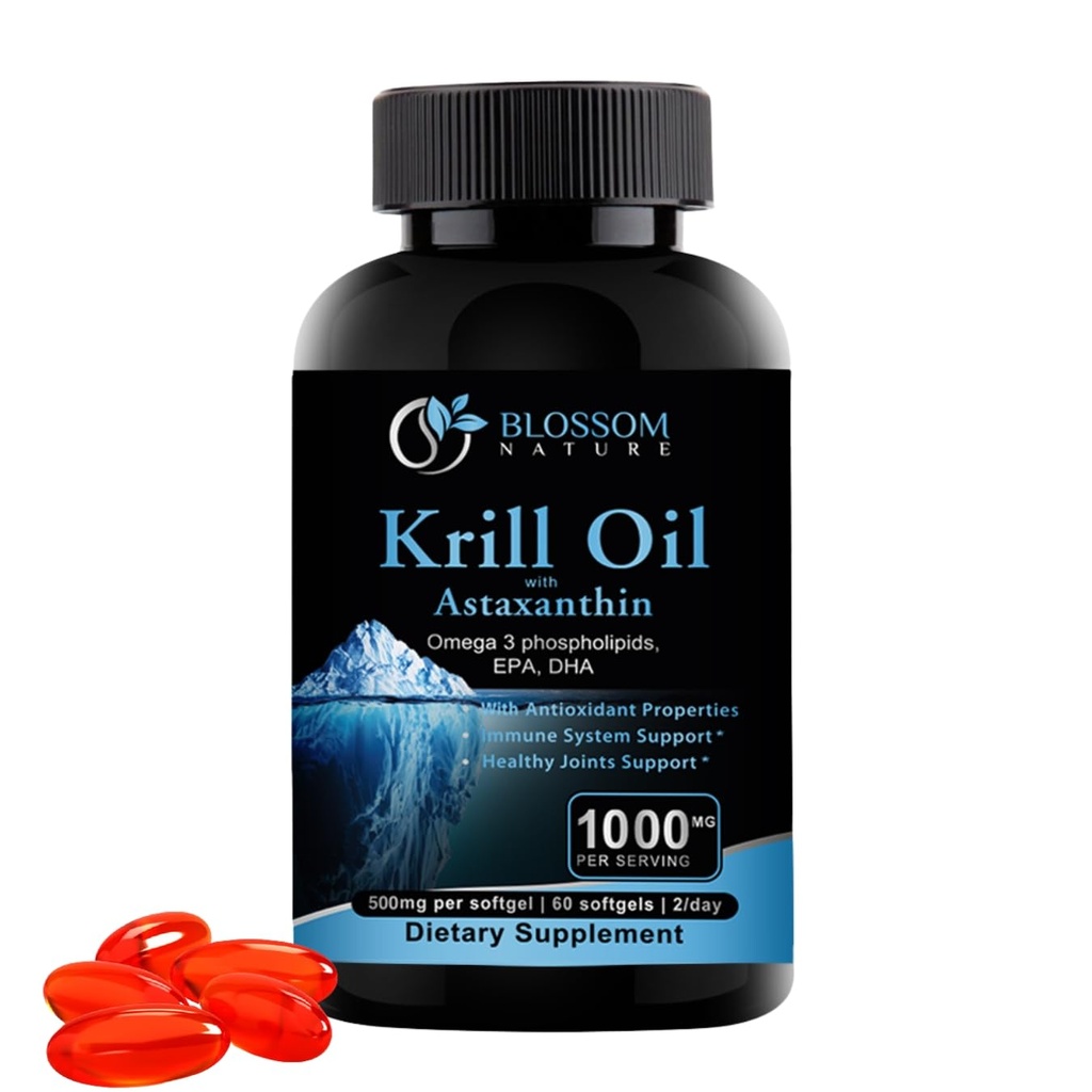 Antarktische Krillöl 1000mg Softgele mit Astaxanthin – Omega-3 EPA & DHA Ergänzung für Herz, Gehirn und Gelenkgesundheit in Form von Phospholipiden– 60 Vanille-Flavored Softgels