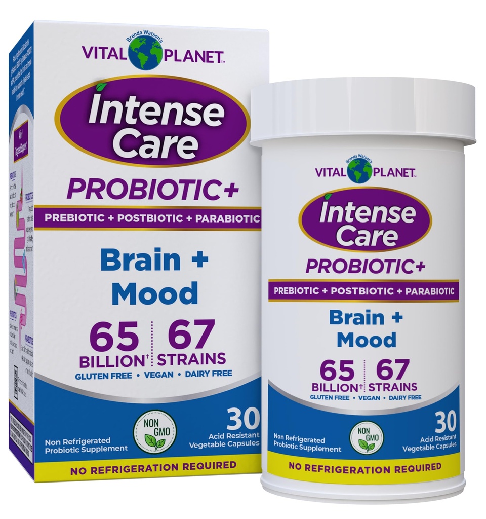 Vital Planet - Intense Care Brain & Mood Probiotics, Bio-Präbiotika, Postbiotics, Parabiotics, Komplett 4-in-1 Health Supplement für Erwachsene, 65 Billion CFU, 67 Strains, Digestive und Immune 30 ct