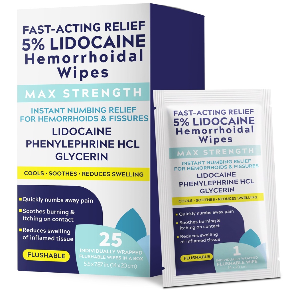 Hemorrhoid Wipes with 5% Lidocaine | Hemorrhoid Treatment for Pain, Itching, Burning & Swelling | Fast-Acting Numbing Comfort | Flushable Wipes Individually Wrapped Glycerin Protectant | 25 Count