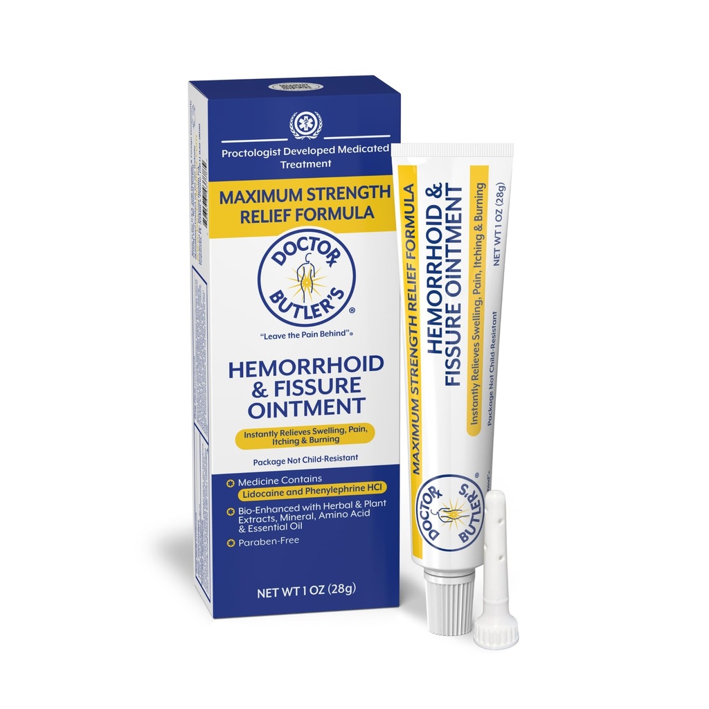Doctor Butler's Hemorrhoid & Fissure Ointment - Hemorrhoid Cream with Lidocaine and Phenylephrine HCl for Fast-Acting Relief of Pain, Swelling, Discomfort, and Itching (1 oz)