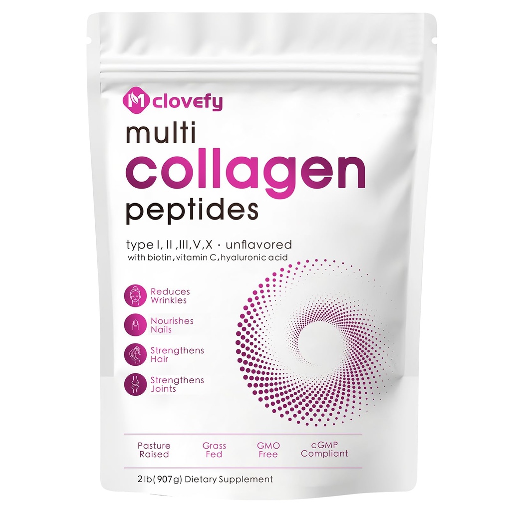 Multi Collagen Protein Powder, 2lbs-Unflavored, with Hyaluronic Acid & Vitamin C, Skin, Hair & Joint Support, 32 Oz