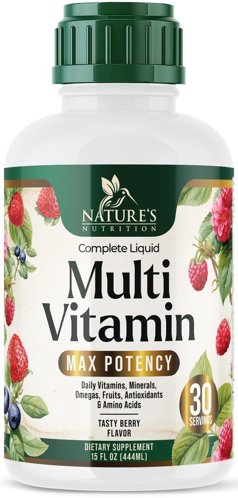 Liquid Multivitamin - Sugar Free Daily Multi Vitamin for Women, Men & Kids, Vitamins A, C, D, B-12, Biotin & Zinc - Supports Faster Hair Growth & Skin Wrinkles, Vegan, Non-GMO, Berry Flavor, 15 Fl Oz