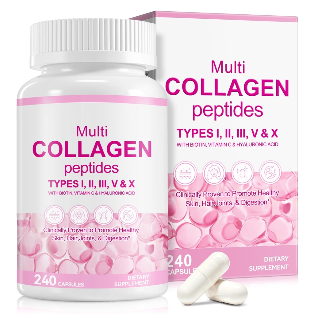 Multi Collagen Peptides for Men & Women,Multi Collagen Supplements Capsule with Biotin, Vitamin C & Hyaluronic Acid, Type I, II, III, V, X, 240 Capsules