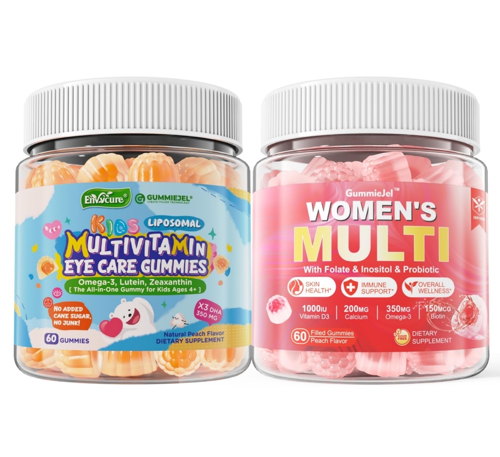EnvyCure Women + Kids Multivitamin Gummies with Omega-3 (DHA & EPA), Methylated Multivitamin Filled Gummies Support Overall Health, Immunity, Hair, Nails, Skin Health,Brain, Gut, Eye
