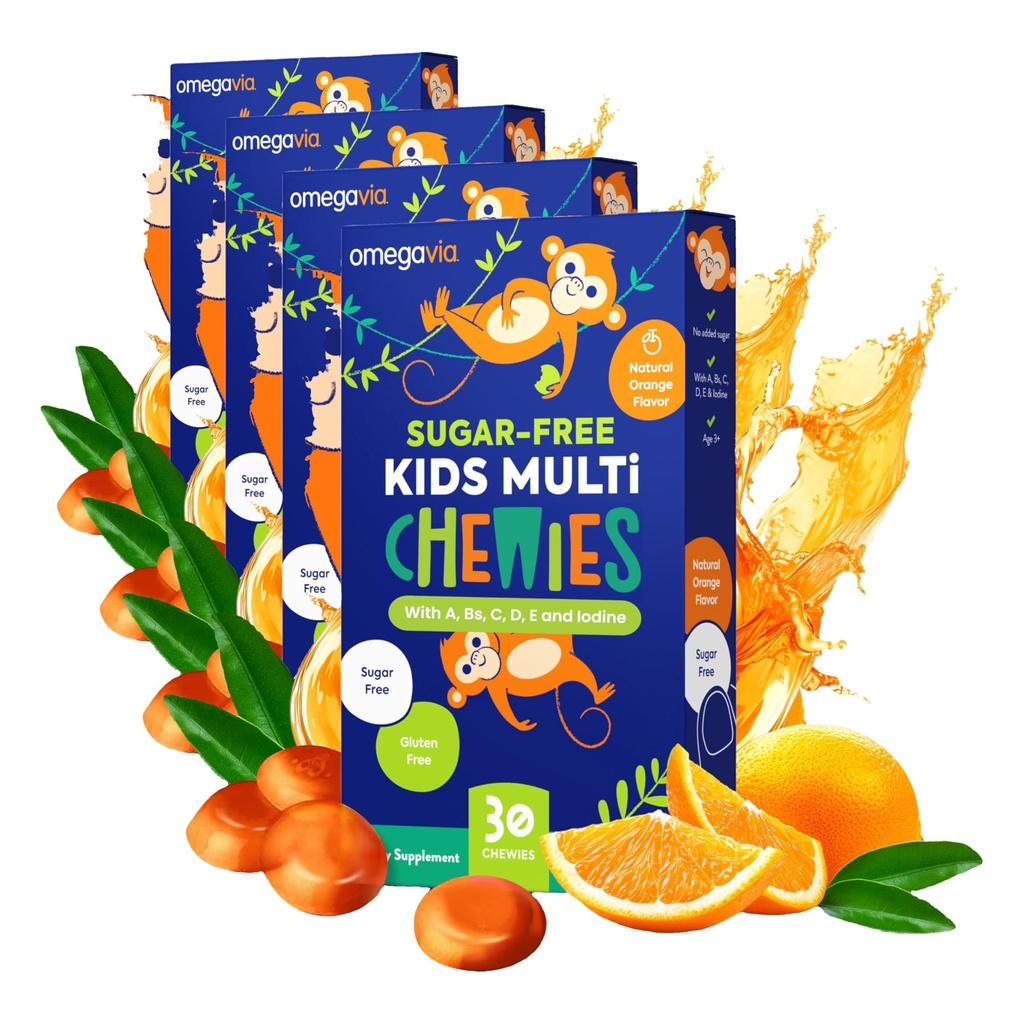 OmegaVia Sugar Free Kids Multivitamin Chewies - Daily Chewable Gummy Vitamins for Kids 3+, Vitamin A, C, D3, E, B6 & B12, Folate & More, Natural Orange Flavor, 30 Count (Pack of 4)