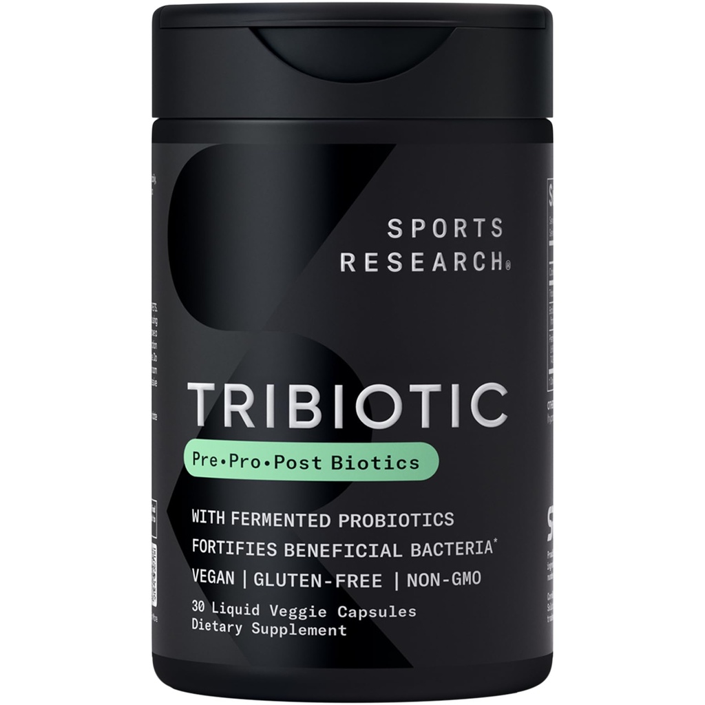 Sports Research® Tribiotic, 3-in-1 Tribiotic - Fermented Gut Health Tribiotic with 10 Billion CFU - Supports Digestion, Microbiome Support - Non-GMO, Vegan & Gluten Free - 30 Liquid Veggie Capsules