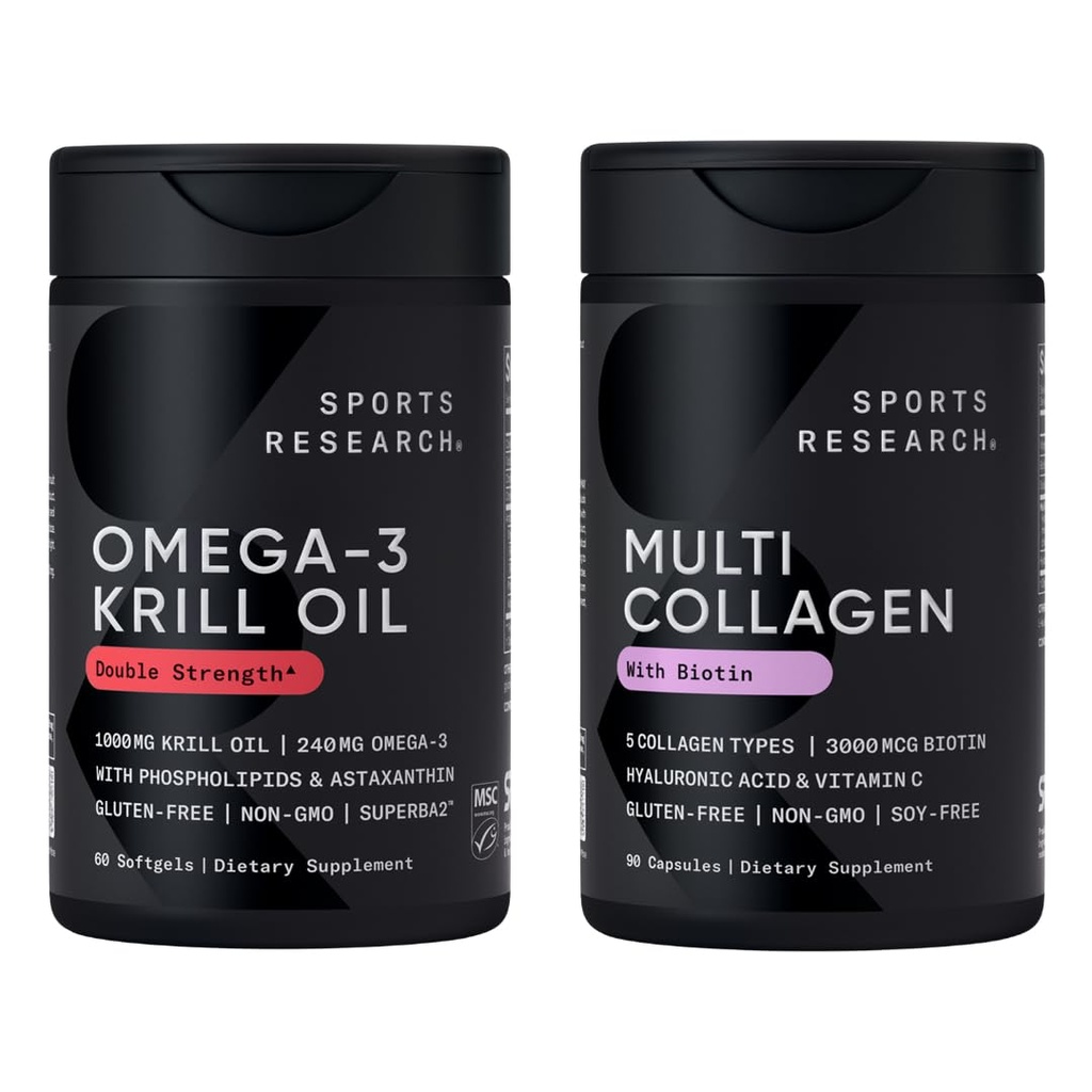 Sports Research® Rejuvenate Duo - 1000mg Krill Oil Supplement with EPA & DHA Omega-3, Phospholipids & Astaxanthin from Antarctic Krill + Biotin-Infused Collagen Peptides Complex with Hyaluronic Acid