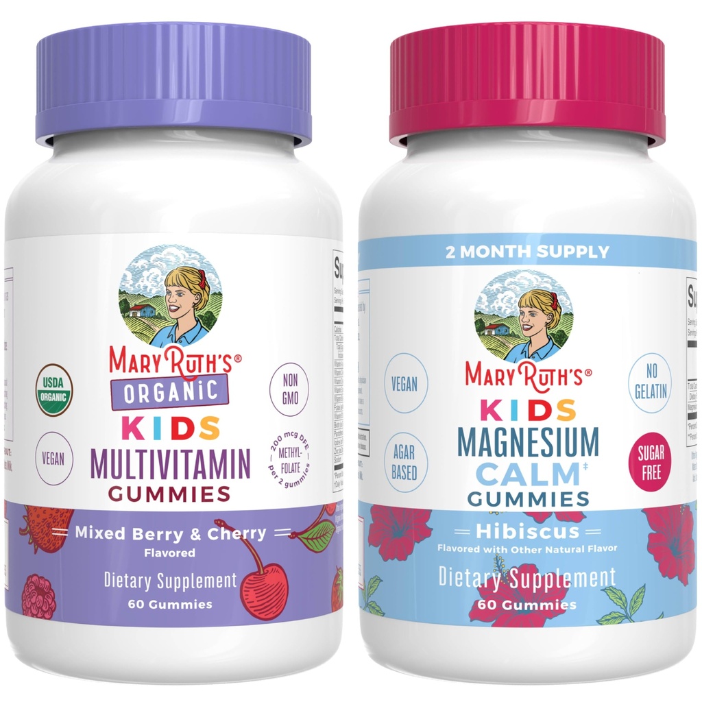 MaryRuth's Gummies for Kids–USDA Organic Multivitamin (Mixed Berry & Cherry), & Magnesium Calm (Hibiscus) | No Gelatin! | Vitamine für Immunität, Gut Health, & Gesamt Wellness | Vegan, Non-GMO
