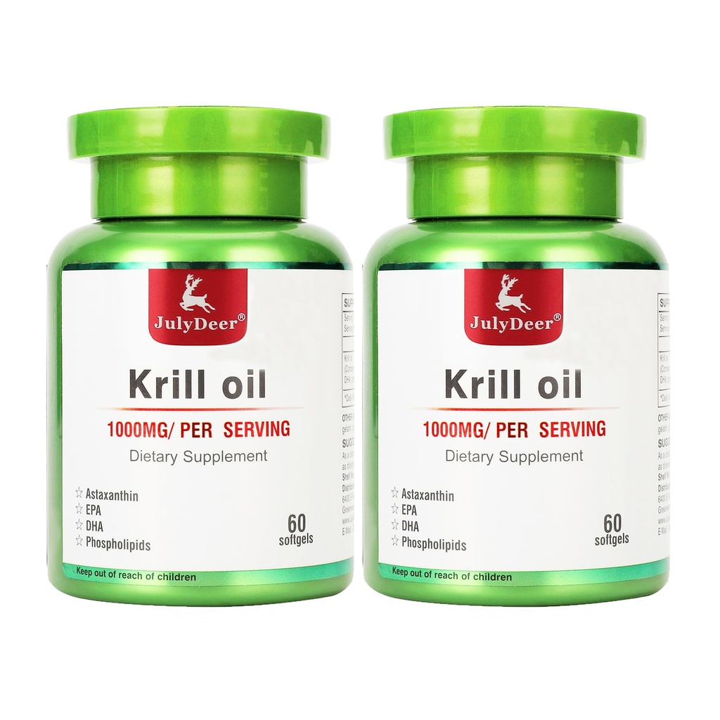 2 Flaschen Antarktis Krill Öl 1000 mg mit Omega-3s EPA, DHA, Astaxanthin und Phospholipiden 60 Softgels Ergänzung Kein Fishy Nachgeschmack für Gelenk, Herz, Gehirn und Immunität - 120 Softgels
