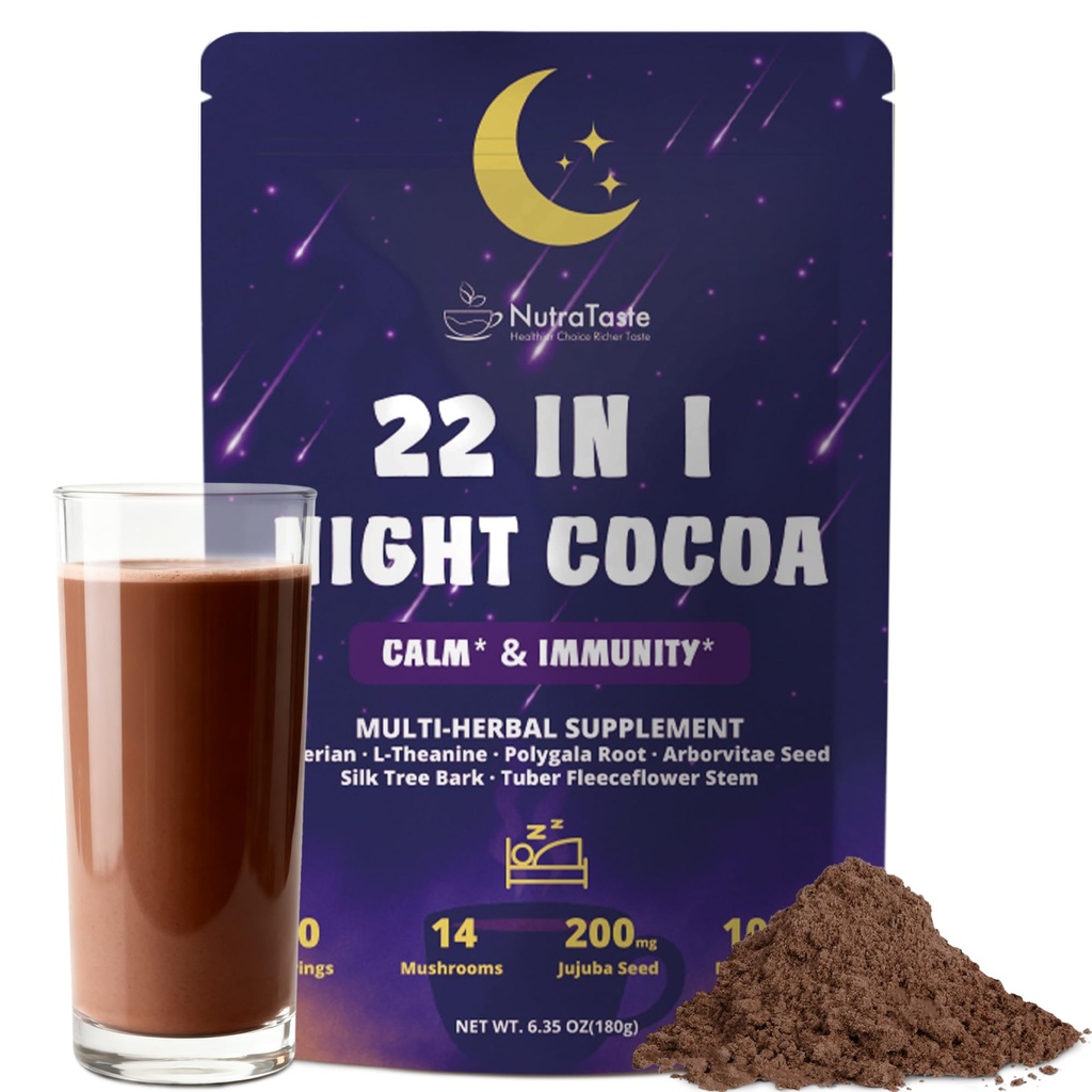 Mushroom Hot Cocoa, Melatonin-Free Natural Herbal Sleep Powder with Jujube Seed, Magnesium Glycinate, GABA, L-Theanine & 14 Mushroom Extracts | Calm, Relaxation & Immune | hot chocolate, 30 Servings