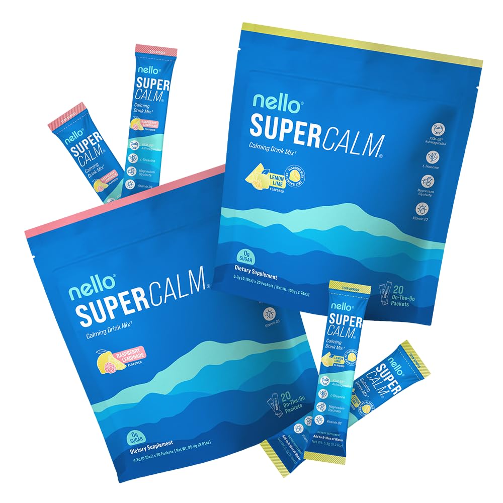 Nello Supercalm Drink Mix - Lemon Lime and Raspberry Lemonade Ashwagandha KSM 66, Magnesium Glycinate & L-Theanine Supplement - Focus and Relaxation Support (2 x 20 Travel Packets)