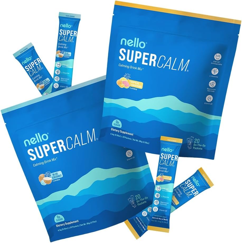 Nello Supercalm Drink Mix - Blue Coconut and Tropical Tangerine Ashwagandha KSM 66, Magnesium Glycinate & L-Theanine Supplement - Focus and Relaxation Support (2 x 20 Travel Packets)