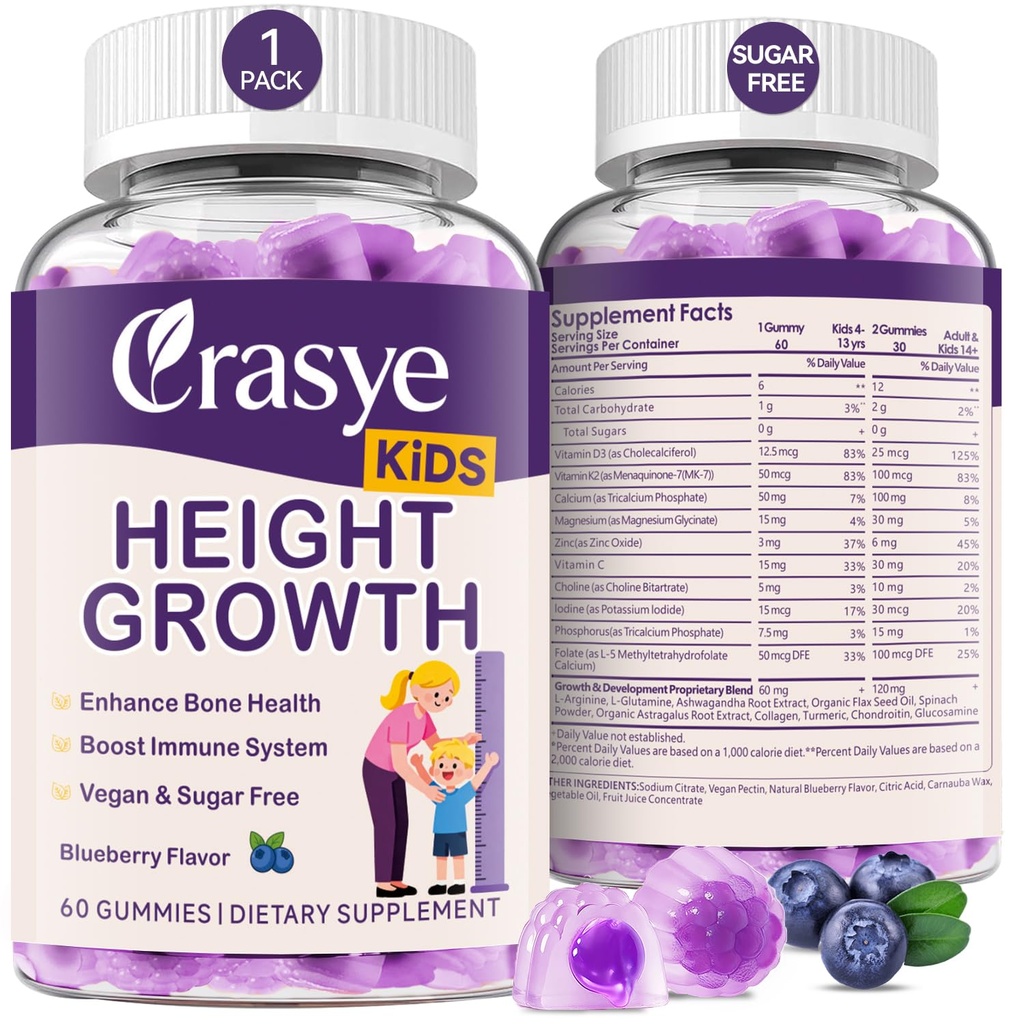 Height Growth Gummies for Kids & Teens - Calcium, Vitamin D3 + K2, Zinc, Magnesium, L-Arginine - Teen Multivitamin Gummies for Children Bone Strength and Immunity - 60 Gummies
