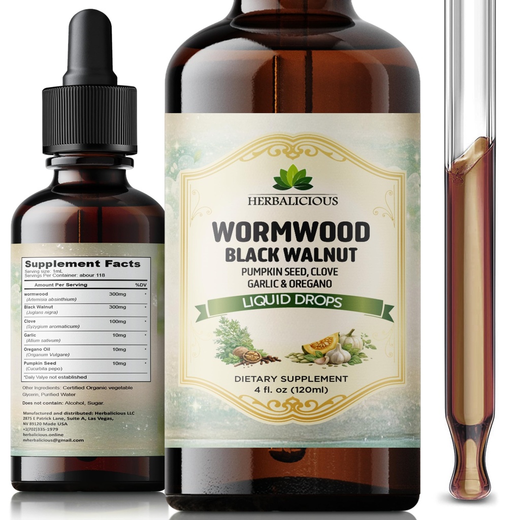 HEBRALICIOUS Wormwood Black Walnut Clove Parasite Cleanse – Herbal Liquid Drops with Pumpkin Seed, Garlic & Oregano Oil – Alcohol-Free Tincture Supplement, 4 fl oz (120 ml)
