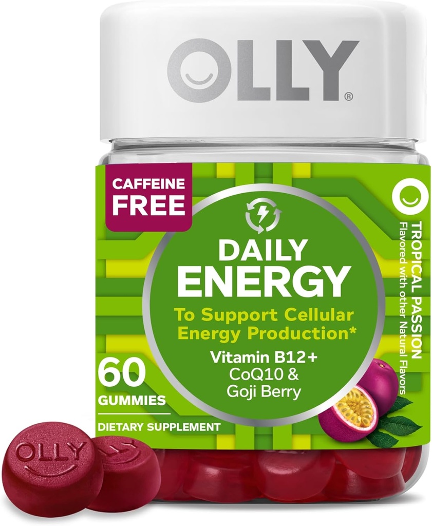OLLY Daily Energy Gummy, Koffeinfrei, Vitamin B12, CoQ10, Goji Berry, Adult Chewable Supplement, Tropical Flavor - 60 Count