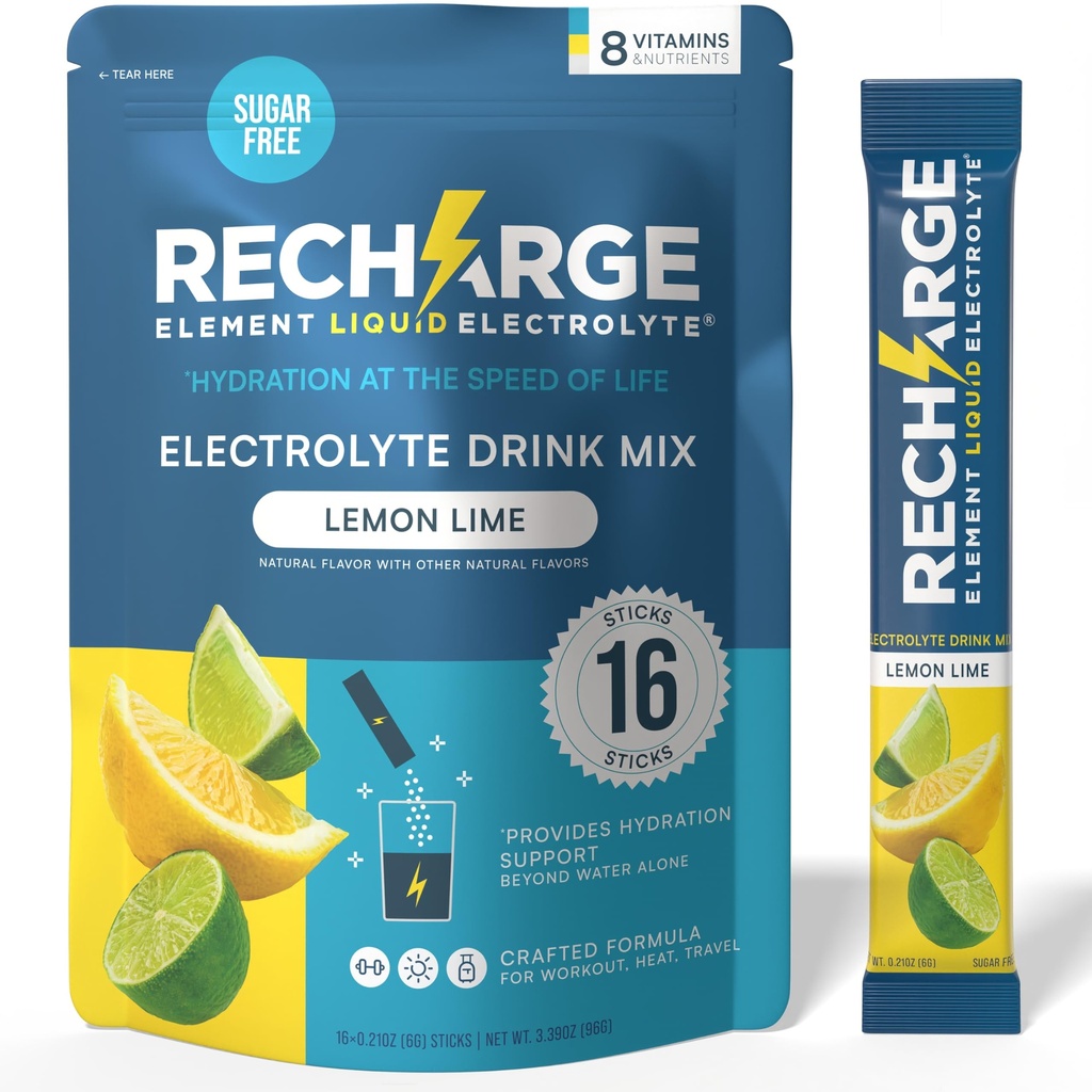 Recharge Element Liquid Electrolyte® Hydration Boost Formula - Lemon Lime Electrolyte Powder Packets | Sugar Free, Keto Friendly Drink Mix for Rapid Rehydration, Sports Recovery & Travel (16 Servings)
