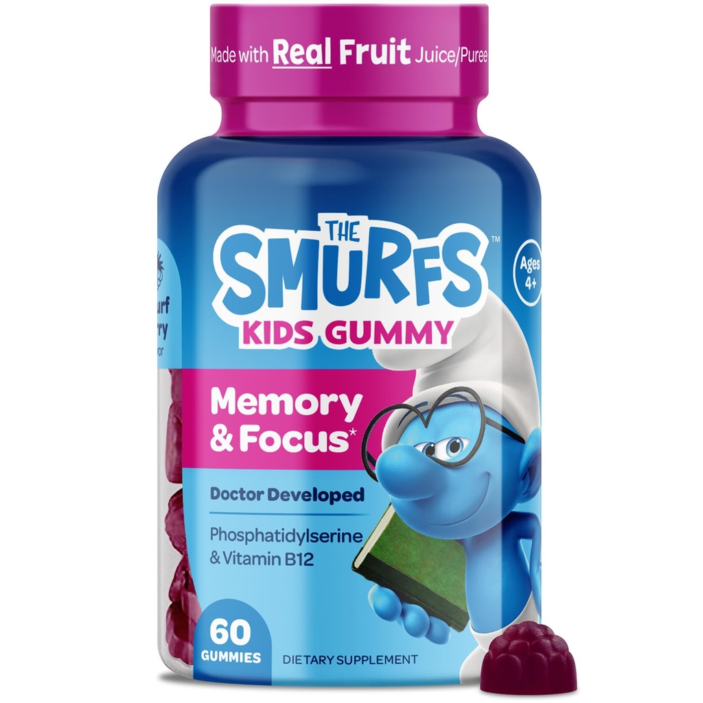 The Smurfs Nootropic Gummies for Kids with Vitamin B12 & L-Theanine | Laser Focus Gummy for Focus and Memory Supplements | Made with Real Fruit in a Smurf Berry | Doctor Developed | 60 Vegan Gummies