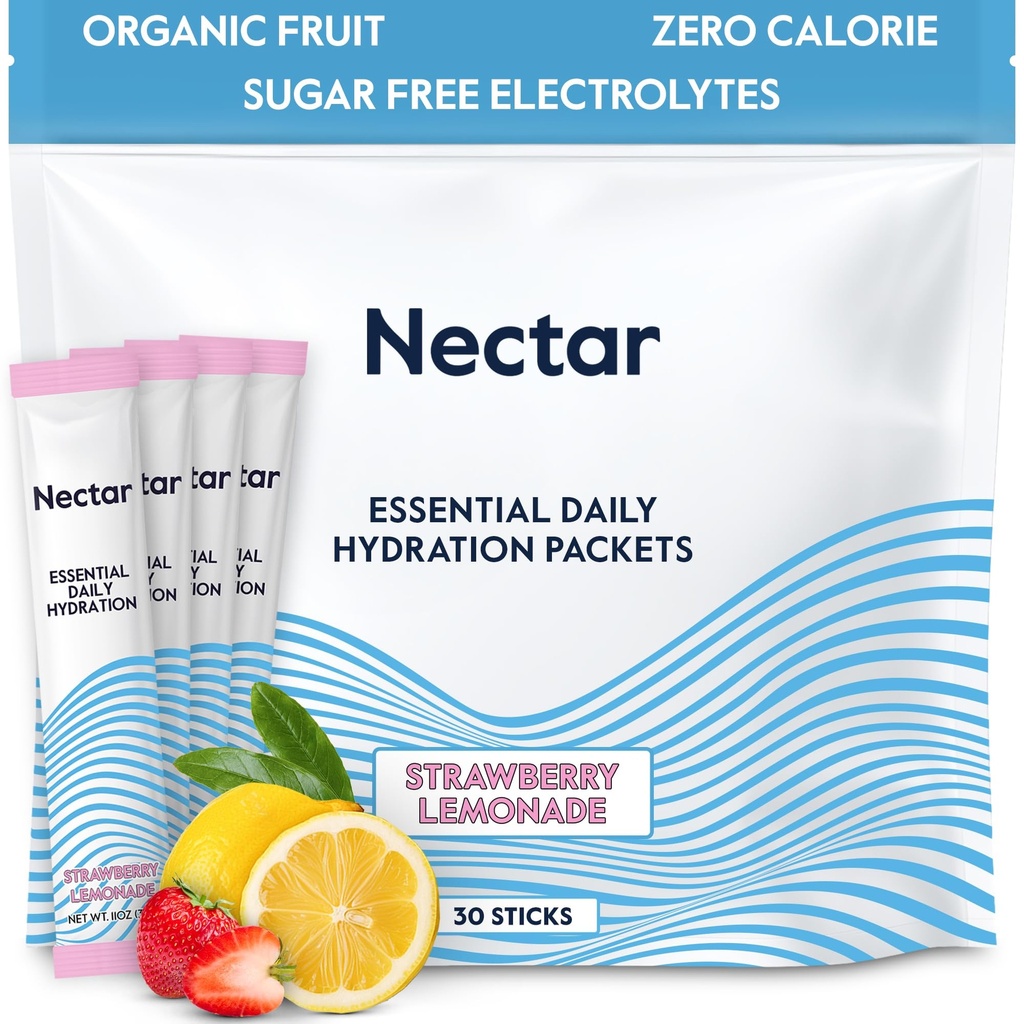 Nectar Hydration Packets - Electrolytes Powder Packets - No Sugar or Calories - Organic Fruit Liquid Daily IV Electrolytes Powder for Dehydration Relief & Rehydration (Strawb. Lemon 30 Pack)