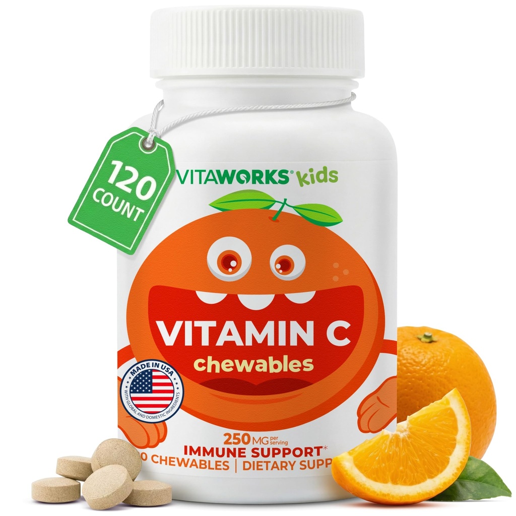 Kids Vitamin C Chewable Tablets | 250 mg | Great Tasting, Naturally Sourced Orange Flavor | Vegan, Non GMO, Gluten Free, Vitamins | for Immune Support | for Children | 120 Chewables
